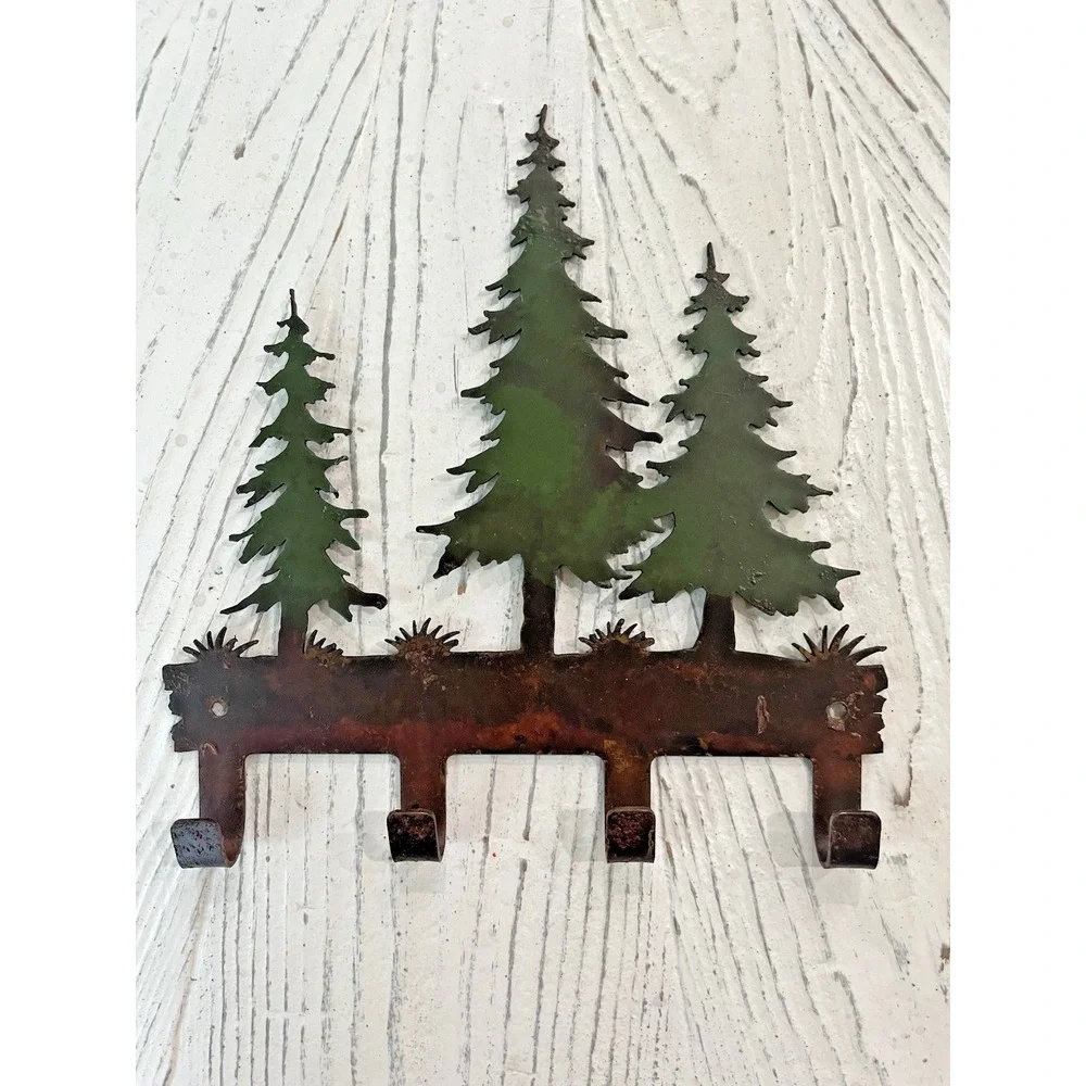 Rustic Cabin Decor Metal Tree Forest Wall Mounted Hook 4 Hooks Keys Leash Holder